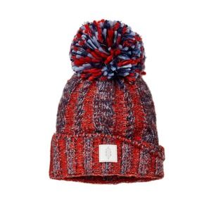 Free People Red Blue Combo Chunky Knit Pom Pom Beanie Hat One Size NEW